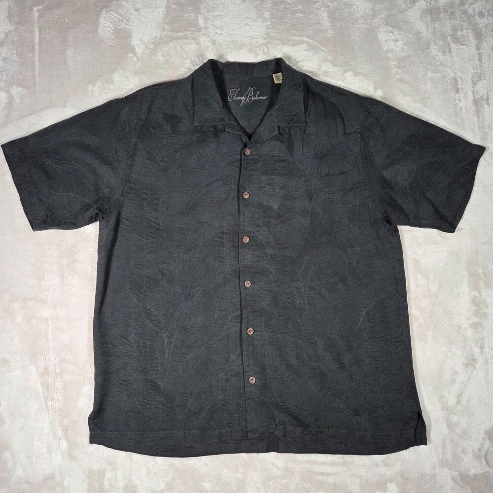 Tommy Bahama Silk Camp Shirt Men’s XL Black Tonal Floral Palm Jacquard Luxe